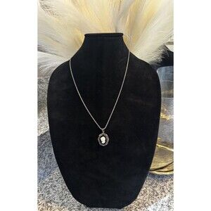 Vintage Sterling Mother of Pearl Cameo Onyx Marcasite Necklace 20" 12.9 gms